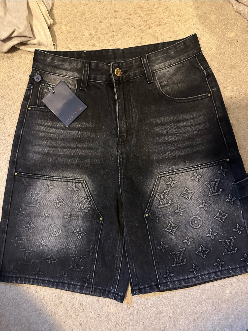 Louis Vuitton Black Embossed Monogram Denim Shorts